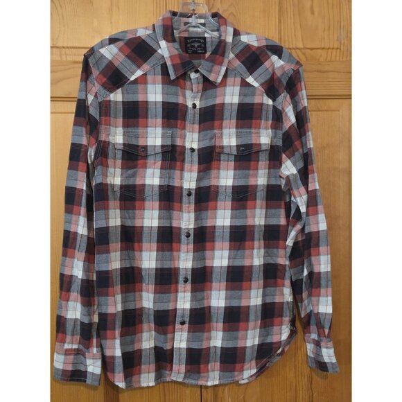 Lucky Brand Men's Medium Button Up Shirt Dungarees Western Pearl Snap Red Plaid - Picture 1 of 14